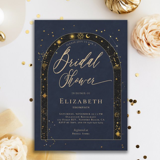 Celestial Starry Zodiac Stars Moon Bridal Shower Invitation (celestial bridal shower invitation zodiac signs astrology oracle universe mystical navy blue)