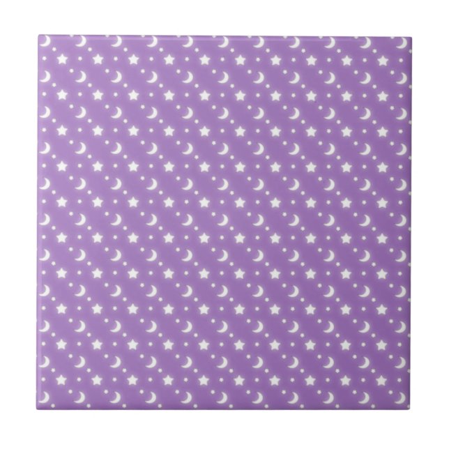Celestial Stars and Moons on Purple Pattern Tile (Front)
