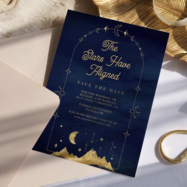 Celestial Stars Blue Gold Crescent Moon Wedding Save The Date (Creator Uploaded)