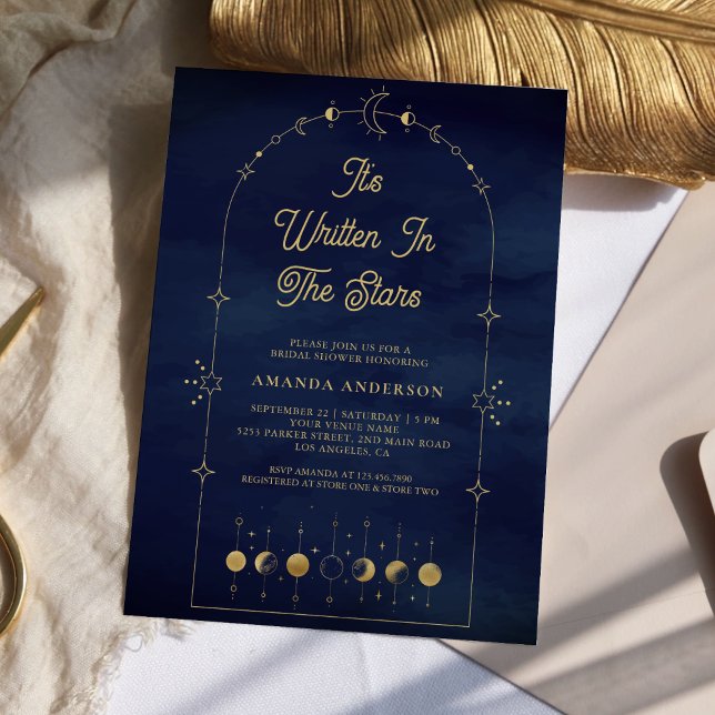 Celestial Stars Blue Gold Moon Bridal Shower Invitation (Creator Uploaded)