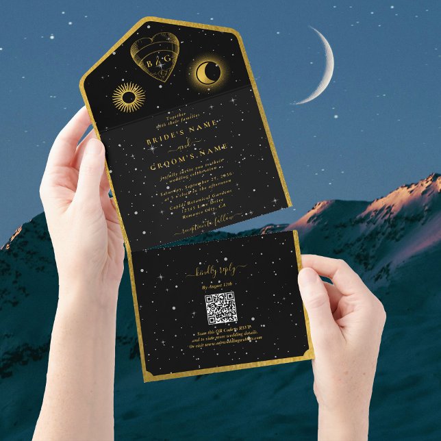 Celestial Stars Crescent Moon Black Gold Wedding All In One Invitation (Celestial Stars Crescent Moon Black Gold Wedding All In One Invitation)