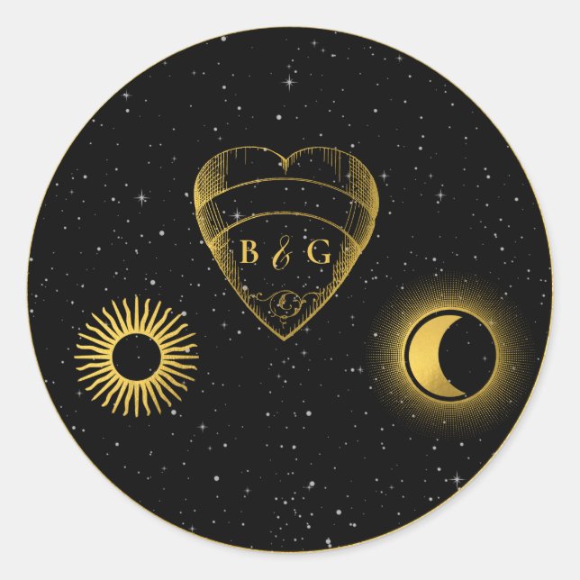 Celestial Stars Crescent Moon Black Gold Wedding Classic Round Sticker (Front)
