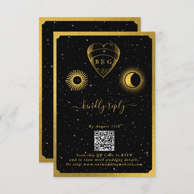 Celestial Stars Crescent Moon Black Gold Wedding Enclosure Card (Front/Back)