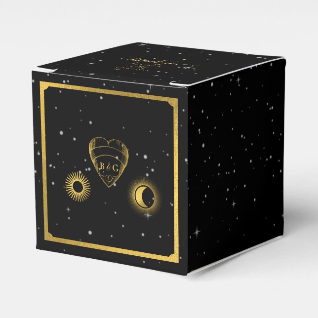 Celestial Stars Crescent Moon Black Gold Wedding Favour Box (Front Side)