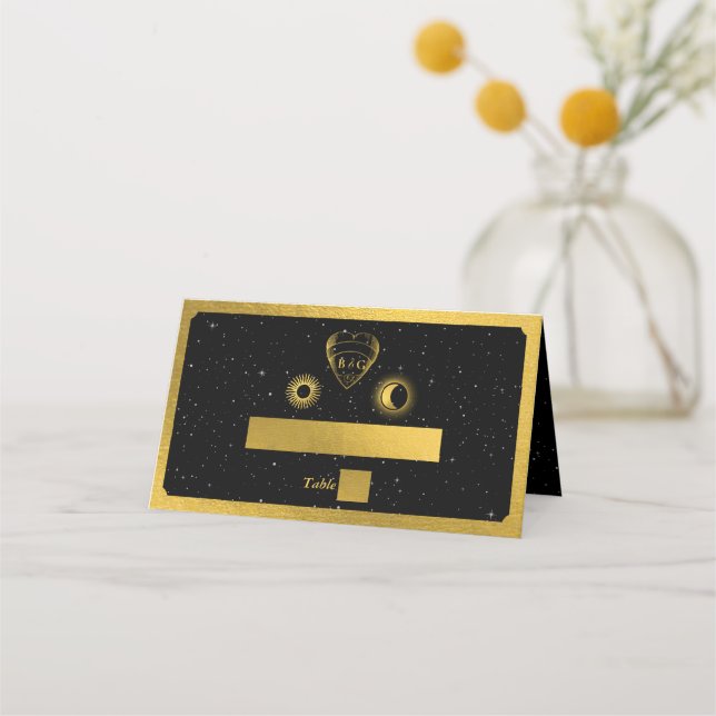 Celestial Stars Crescent Moon Black Gold Wedding Place Card (Front)