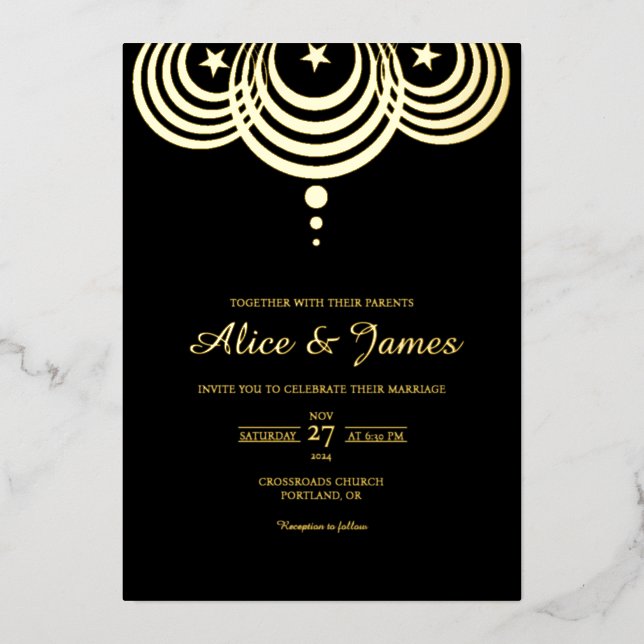 Celestial Stars Elegant Black Gold Foil Wedding (Front)