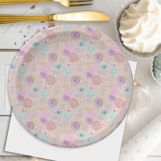 Celestial Stars Flowers Peach Lavender Baby Shower Paper Plate (Creator Uploaded)