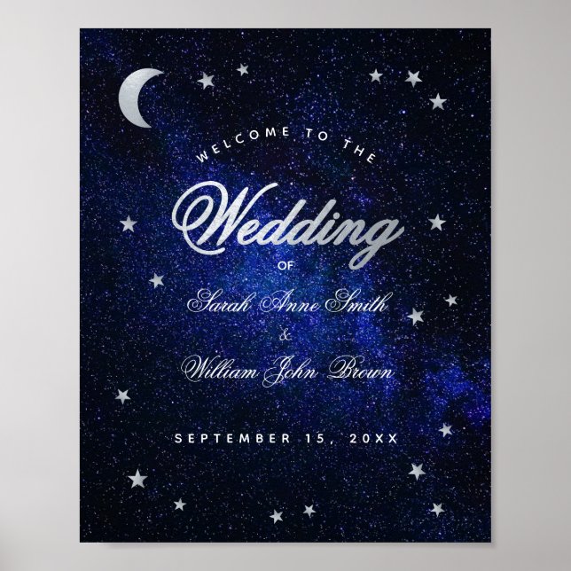 Celestial Stars & Moon Blue Wedding Welcome Sign (Front)