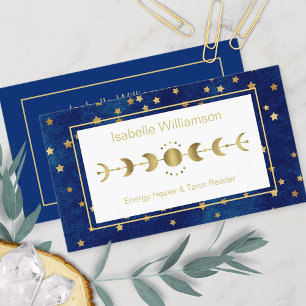 Celestial Stars Moon Phase Navy Blue Gold Business Card