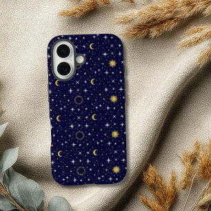 Celestial Stars Moon Sun Blue Gold White Trendy iPhone 16 Case