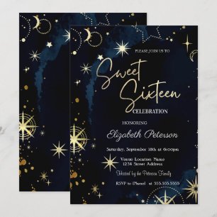 Celestial Stars Navy Blue Sweet 16 Invitation
