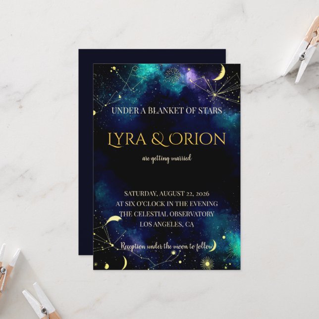 Celestial Stars | Navy Teal Gold Galaxy Wedding Invitation (Front/Back In Situ)