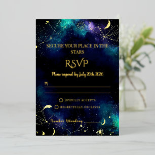 Celestial Stars   Navy/Teal Gold Wedding RSVP card