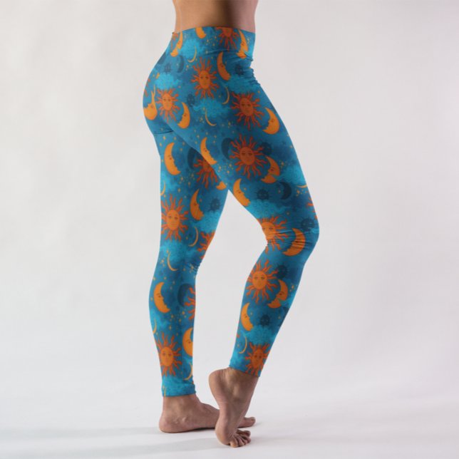 Celestial Stars Sun Moon Clouds Night Sky Blue  Leggings (Creator Uploaded)