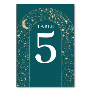 Celestial Stars Teal Wedding Table Number Card