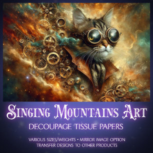 Celestial Steampunk Cat Time Voyage Decoupage  Tissue Paper