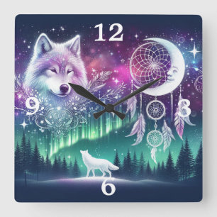 Celestial Style Wolf and Dreamcatchers Square Wall Clock