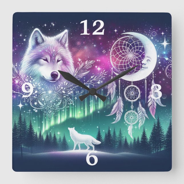 Celestial Style Wolf and Dreamcatchers Square Wall Clock (Front)