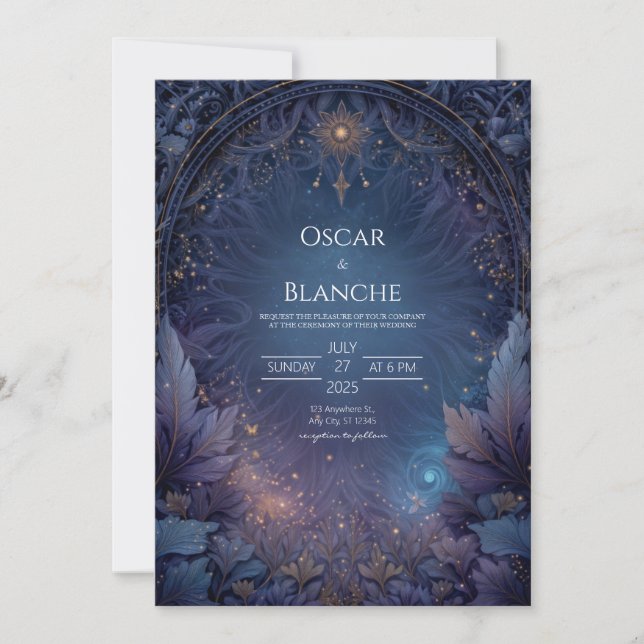 Celestial Sun and Dark Navy Foliage Wedding Invitation (Front)