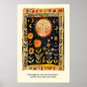 Celestial Sun and Moon Art Print Folk Art Bohemian