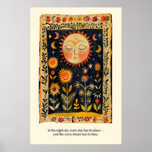 Celestial Sun and Moon Art Print Folk Art Bohemian