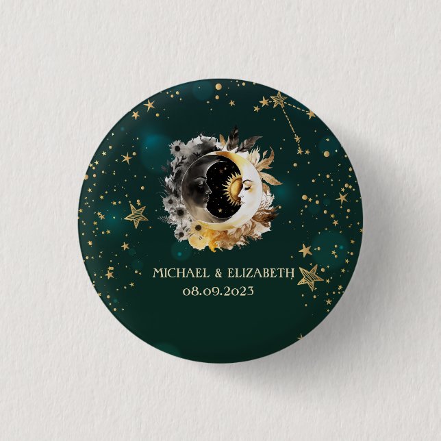 Celestial Sun And Moon Flowers Stars Green 3 Cm Round Badge (Front)