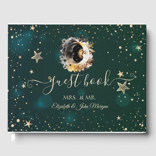 Celestial Sun And Moon Flowers Stars Green Guest Book (Front)