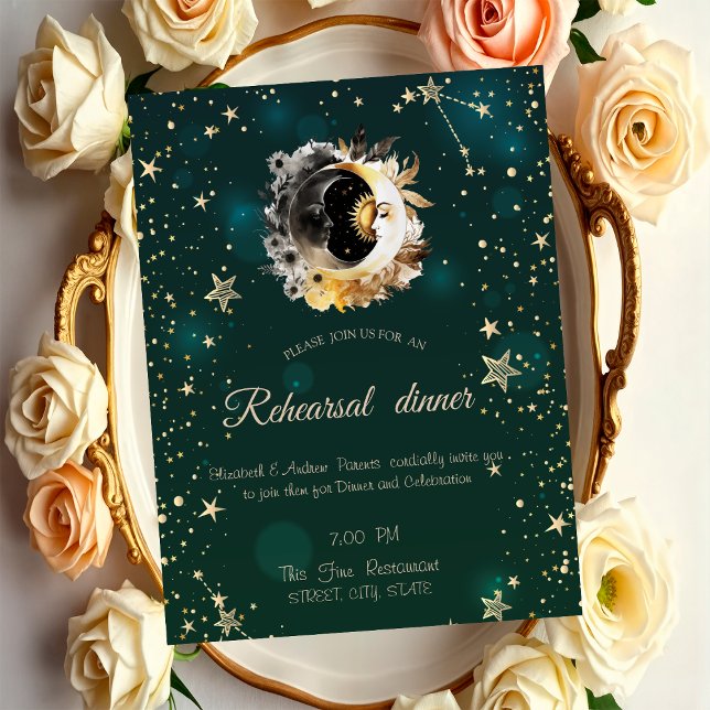 Celestial Sun And Moon Flowers Stars Green Invitation (Creator Uploaded)