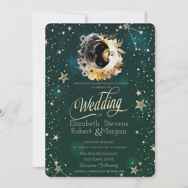 Celestial Sun And Moon Flowers Stars Green Invitation (Front)