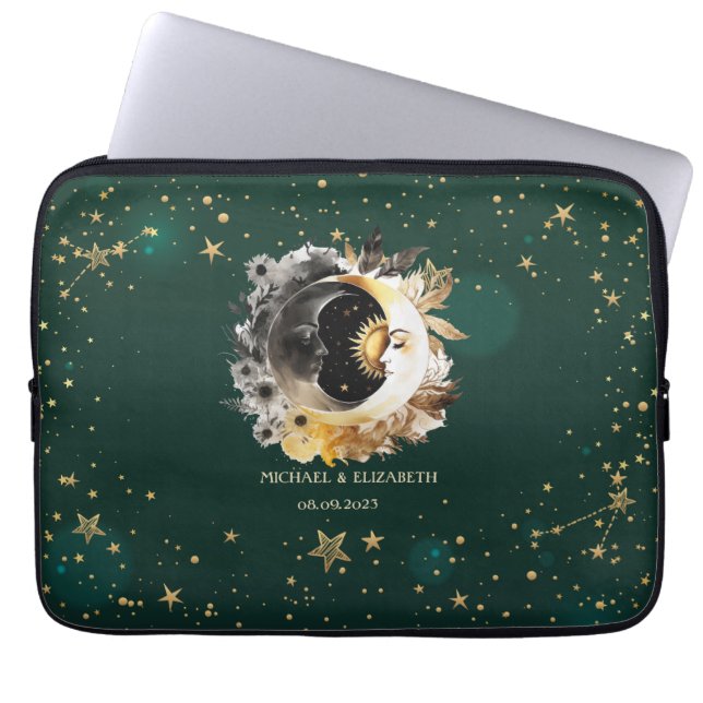 Celestial Sun And Moon Flowers Stars Green Laptop Sleeve (Front)