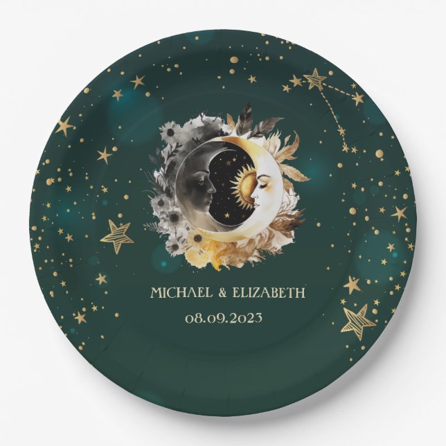 Celestial Sun And Moon Flowers Stars Green Paper Plate (Front)