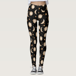 Celestial Sun and Moon Gold Black Pattern Leggings
