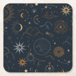 Celestial Sun and Moon Mystical Elements Square Paper Coaster<br><div class="desc">Designed to coordinate with our Celestial Mystic Collection,  this unique paper coaster features gorgeous gold celestial elements on a dark navy background. For more advanced customisation of this design,  e.g. changing layout,  font or text size please click the "CUSTOMIZE" button above. Please contact me for any questions!</div>