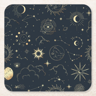 Celestial Sun and Moon Mystical Elements Square Paper Coaster