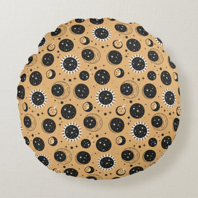 Celestial Sun and Moon Pattern Round Cushion (Front)
