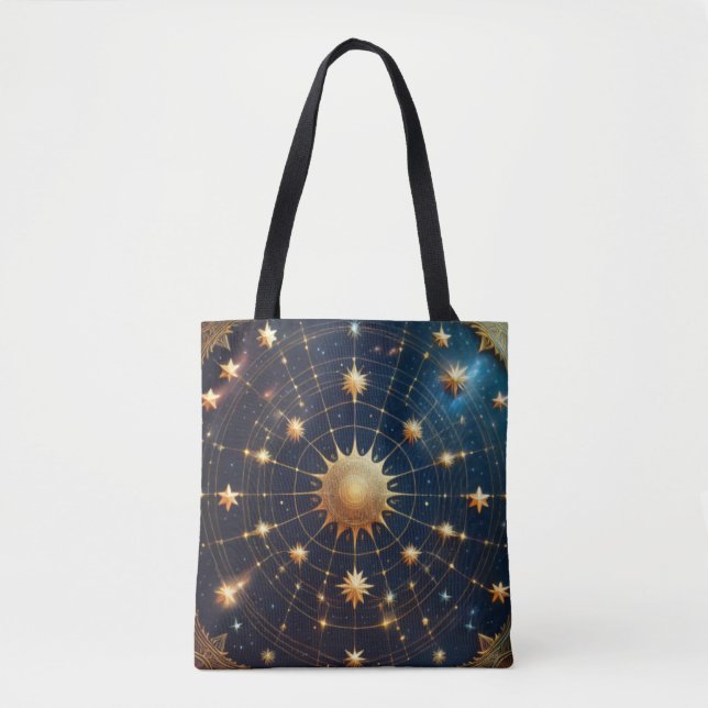 Celestial Sun and Stars Artwork with Golden Accent Tote Bag (Front)