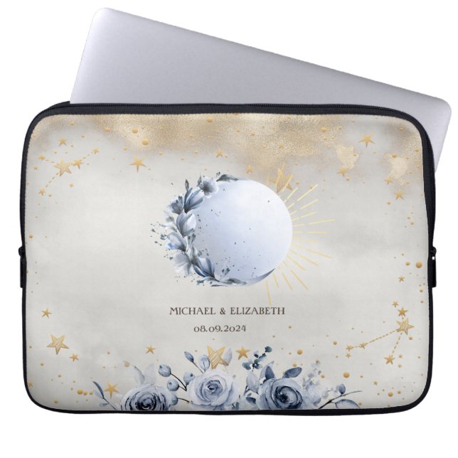 Celestial Sun,Blue Moon Flowers,Stars Night Sky Laptop Sleeve (Front)