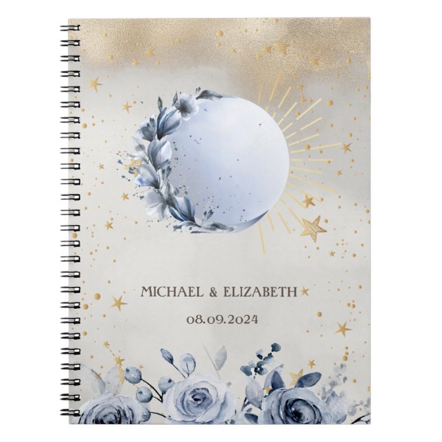 Celestial Sun,Blue Moon Flowers,Stars Night Sky Notebook (Front)