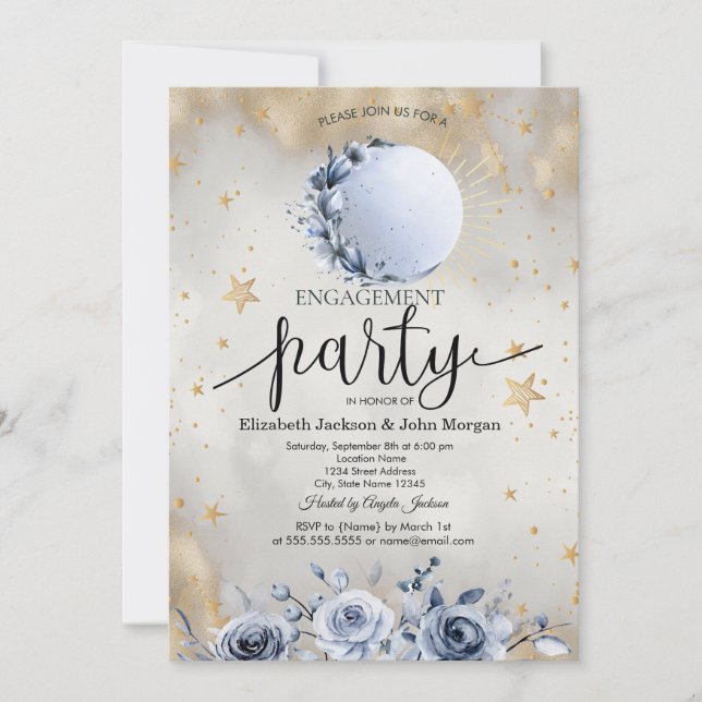 Celestial Sun,Blue Moon Roses Stars Engagement   Invitation (Front)