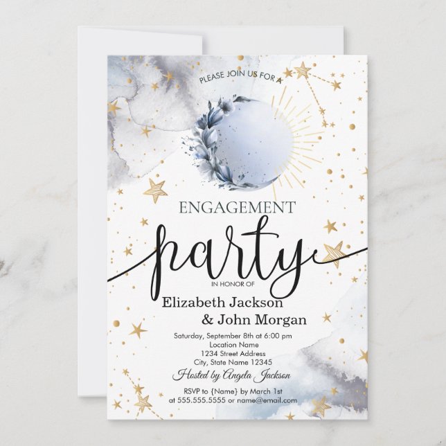 Celestial Sun,Blue Moon,Stars Engagement   Invitation (Front)