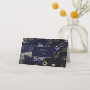 Celestial Sun Crescent Moon Golden Navy Blue Place Card