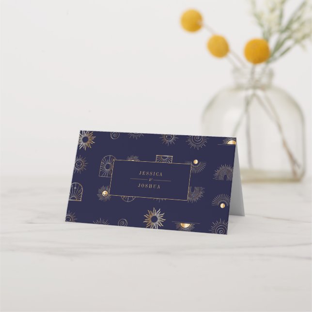 Celestial Sun Crescent Moon Golden Navy  Place Card (Back)