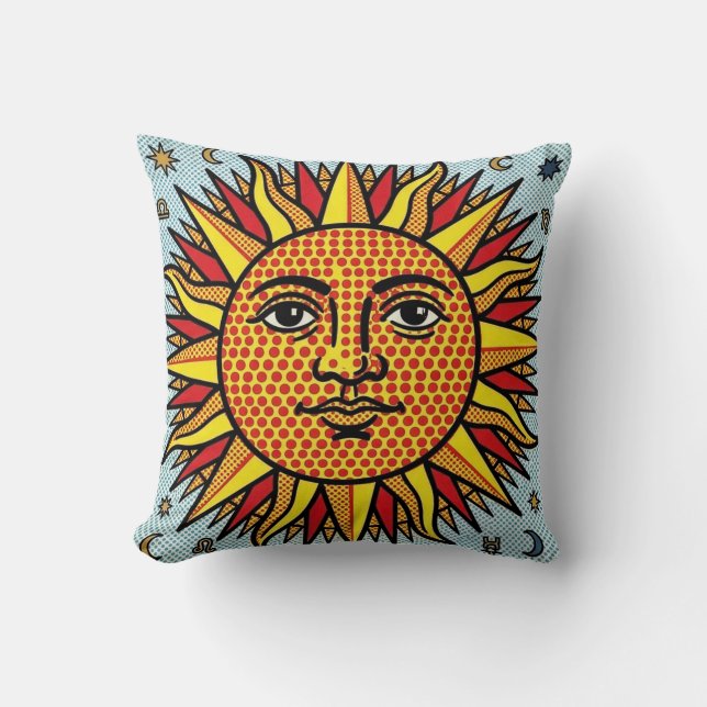 Celestial Sun Face Pop Art Comic Style Sunburst Cushion (Front)
