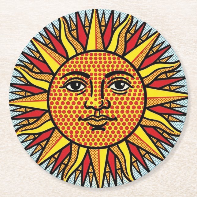 Celestial Sun Face Pop Art Comic Style Sunburst Round Paper Coaster (Front)