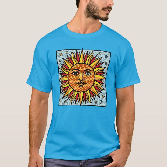 Celestial Sun Face Pop Art Comic Style Sunburst T-Shirt (Front)