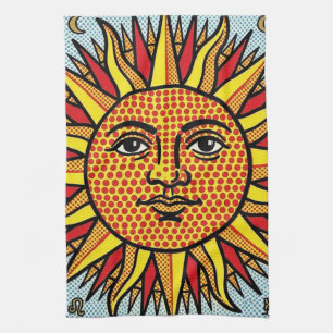 Celestial Sun Face Pop Art Comic Style Sunburst Tea Towel