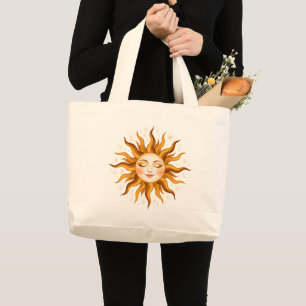 Celestial Sun Face Vintage Boho Art Large Tote Bag