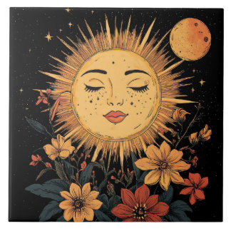 Celestial Sun Goddess with Blossoming Florals Tile