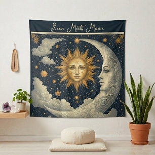 Celestial Sun Meets Moon Zodiac Spiritual Cosmos Tapestry