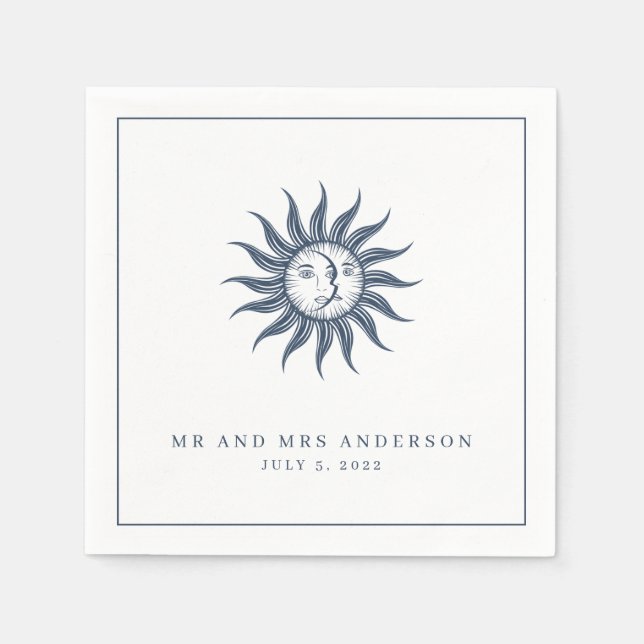 Celestial Sun & Moon Blue Wedding Napkin (Front)